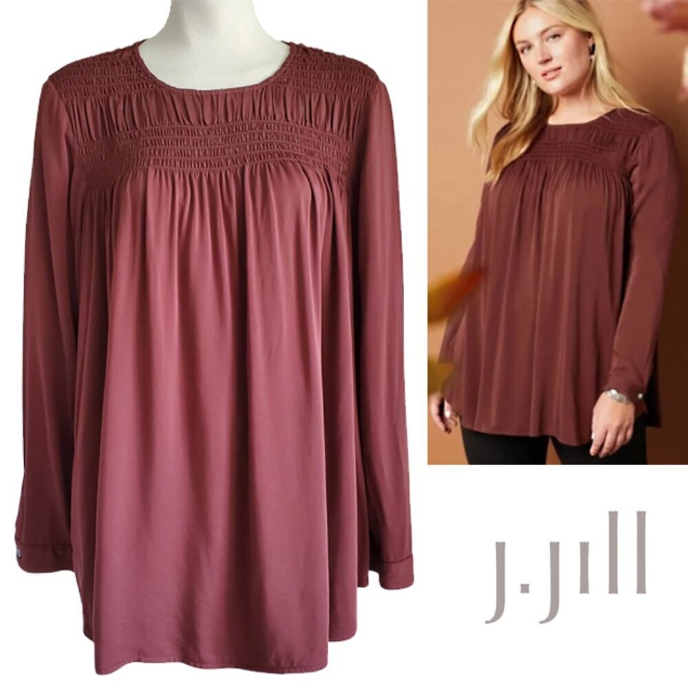 J. Jill Blouse Top Size Large Clove Brown Smocked Satin A-Line Size SP